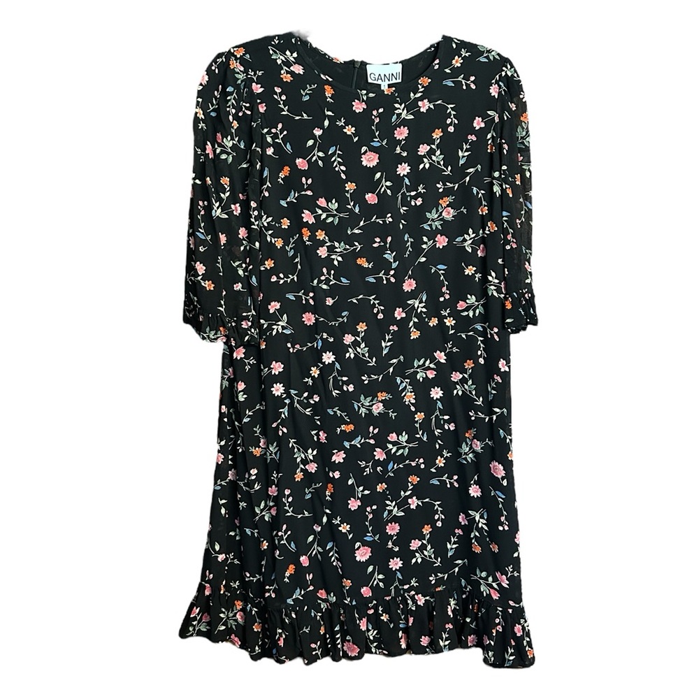 Ganni Black and Pink Floral Midi Dress